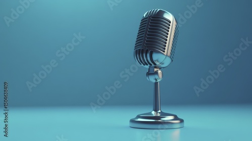 Vintage chrome microphone on a light blue stage background for recording