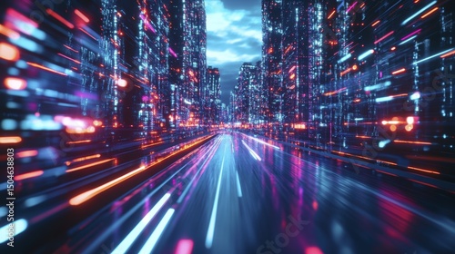Futuristic Cityscape with Glowing Lights and Motion Blur Visualizing High Speed on Urban Thoroughfare