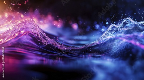 Illuminated Liquid Surface Forming a Wave with Splashes in Neon Pink and Blue Colors