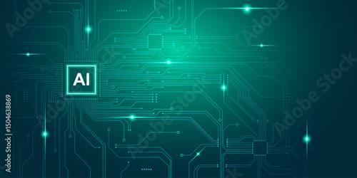 Dark green gradient electronic circuit pattern background with sparkling laser light. AI chip icon concept and future technology. Art & Illustration