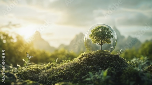 Isolated Tree in a Protective Bubble on Mossy Hill with Butterfly in Nature
