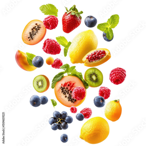 Fototapeta Naklejka Na Ścianę i Meble -  Fresh fruits falling, Different fresh fruits and vegetables in air, isolated on transparent background