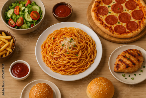 spaghetti and pizza and other foods are served on the table ready to eat