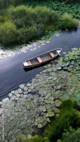 Wallpaper Mural Aerial view of a metal rowboat floating on calm water among green aquatic plants and riverbank foliage on a peaceful day Torontodigital.ca