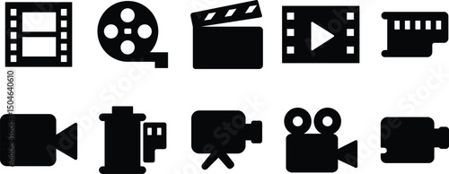 Media production and film industry icons in black isolated silhouettes