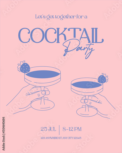 Minimal cocktail party invitation with two hands holding drinks. Modern pink and blue line art design, perfect for summer events, bars, parties, and social media.