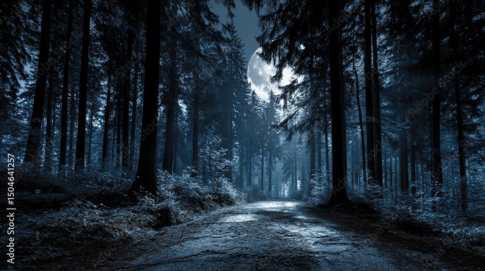 Naklejka premium Moonlit forest pathway creating eerie atmospheric scene