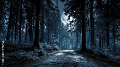 Fototapeta Naklejka Na Ścianę i Meble -  Moonlit forest pathway creating eerie atmospheric scene
