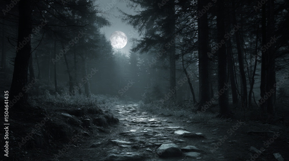 Fototapeta premium Moonlit forest pathway creating eerie atmospheric scene