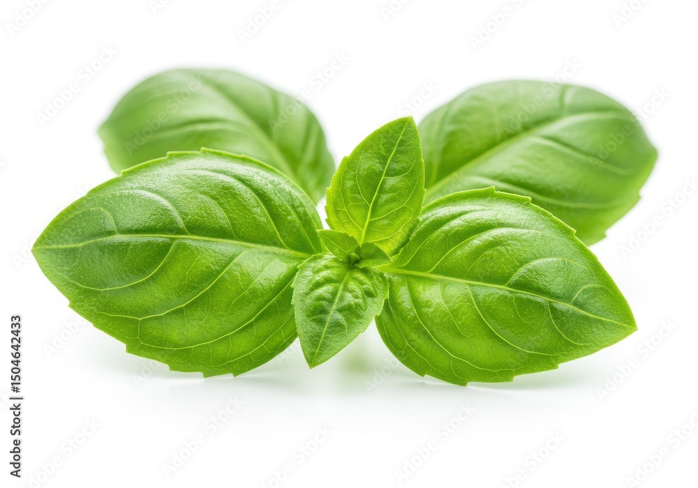 Fototapeta premium A close up of fresh basil leaves with vibrant green color on a white background in a studio setting