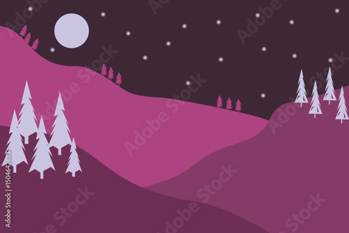 Monochrome simple landscape illustration. Simple landscape with hills, conifers, and a sky with stars and a full moon. Moon over a landscape with hills.