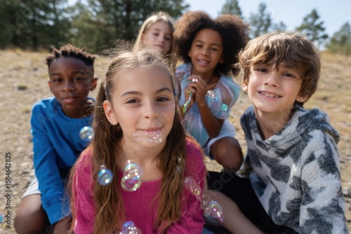 Kids Blowing Bubbles: Happy Children Playing Outdoors