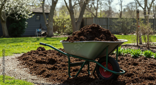 Wheelbarrow filled with soil in freshly dug garden bed. Spring gardening and landscaping in backyard with wooden fence and young trees. Yard maintenance and planting preparation with fertile compost