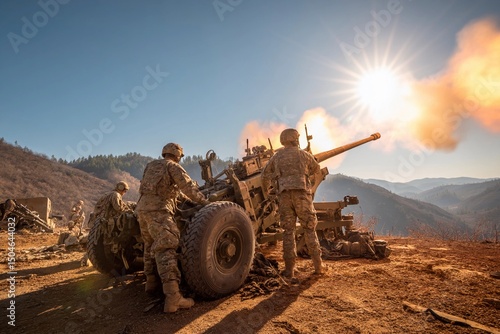 Military personnel operate artillery equipment in a mountainous area under a sunset sky. The scene captures the intensity of the training and the beauty of the evening light
