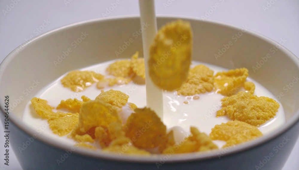 Golden Breakfast Cereal Pouring into Milk in a Bowl Golden Breakfast Cereal Pouring into Milk in a Bowl