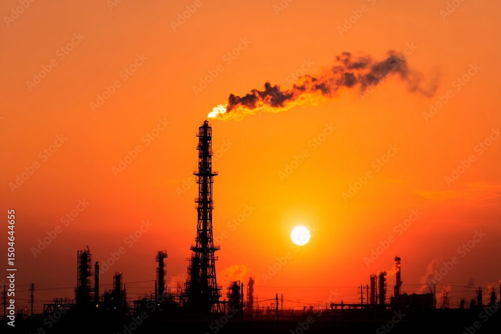 A refinery silhouette stands tall against a vibrant sunset. Smoke billows from stacks as the sun sets, casting warm tones and highlighting industrial structures A refinery silhouette stands tall against a vibrant sunset. Smoke billows from stacks as the sun sets, casting warm tones and highlighting industrial structures
