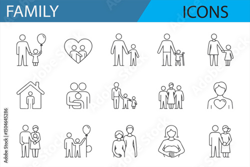 Minimalist icons featuring family moments like holding hands, hugging, and home life, ideal for family-related projects.