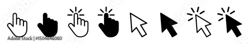 Set of hand and mouse cursor icons in various style. Click gesture and pointer symbols in outline and solid design. Clicking cursor, pointing hand clicks icons set isolated vector illustration.