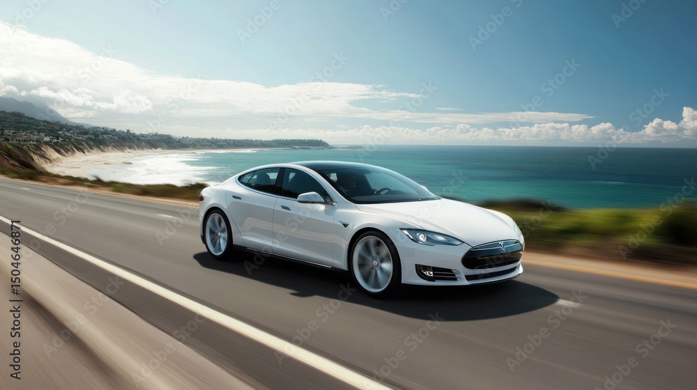 Electric car on coastal highway Electric car on coastal highway