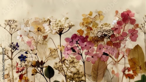 Elegant floral composition featuring dried and pressed flowers in varied hues on a neutral background, botanical art.