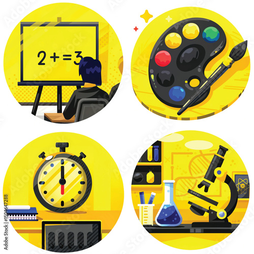 Educational illustrations featuring classroom and science tools in yellow  