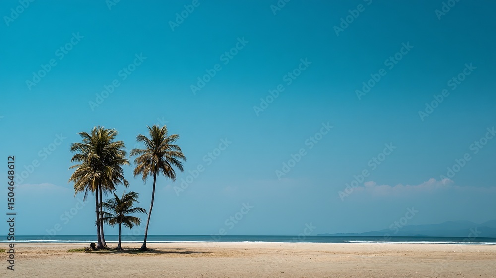 Obraz premium Tranquil Beach Scene with Three Palm Trees Peaceful Tropical Paradise Idyllic Summer Vacation Coastal Landscape Serene Ocean View Exotic Island Getaway Blue Sky Sunny Day Relaxing 