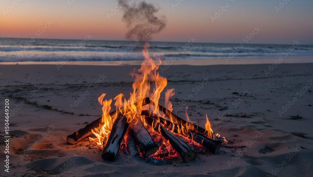 Fototapeta premium Enjoying a beach bonfire as the sun sets over the ocean horizon with peaceful waves in the background
