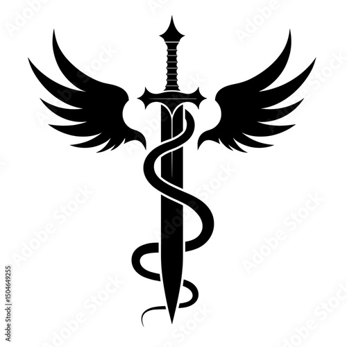 An intricate emblem of power and protection, featuring a sword entwined by a serpent, flanked by feathered wings, all rendered in bold lines.