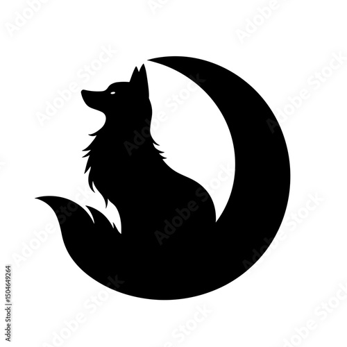 A sleek black fox silhouette perched gracefully upon a crescent moon, embodying mystery, natural beauty and wilderness.