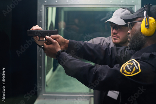 Foto Instructor teaching safety measures at indoor shooting range, ensuring proper ha