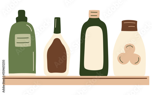 Abstract bottles products set, drinks, milk, juice in package, oil, sauce on shelf in a row from supermarket. Zero-waste packaging for eco-friendly design. Vector illustration in organic flat style.