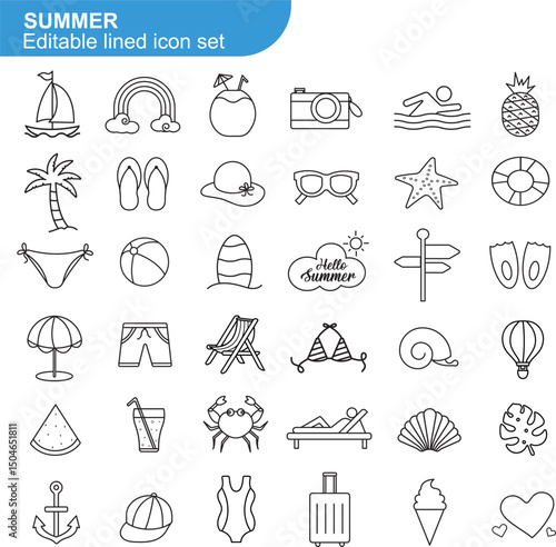 Hand Drawn Summer Icon Set. Beach, Travel, Vacation, Tropical Elements, Sun, Sea, Holiday, Flat Vector Design