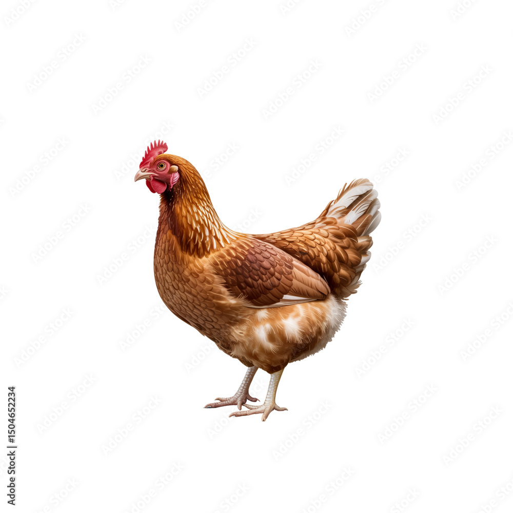 Fototapeta premium Realistic brown hen standing isolated on white background, farm poultry bird, natural feathers detail