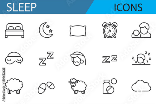 Icon set for sleep and relaxation, with images of a bed, lamp,  in clean line art.
