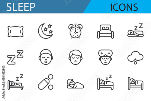 A set of sleep-related icons for wellness content, featuring bed, alarm clock, and moon symbols.
