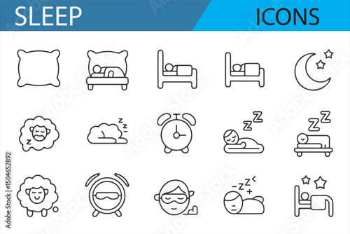 Minimalist sleep icons depicting essentials for a restful night, including bed, pillow, and sleep mask.