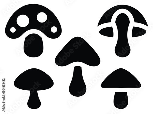 Mushroom vector graphic set, black and white fungi illustration collection