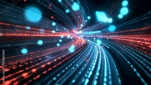 Futuristic abstract with blue streams and red pulses, conveying speed and data flow in dark space
