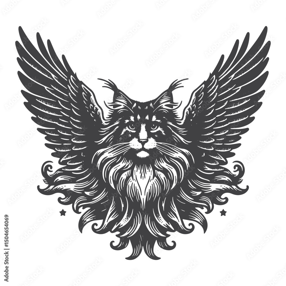 Fototapeta premium Maine Coon with Wings Flying Illustration – Fantasy Cat Engraved Style Vector for T-Shirts, Posters, Stickers, and Magical Apparel