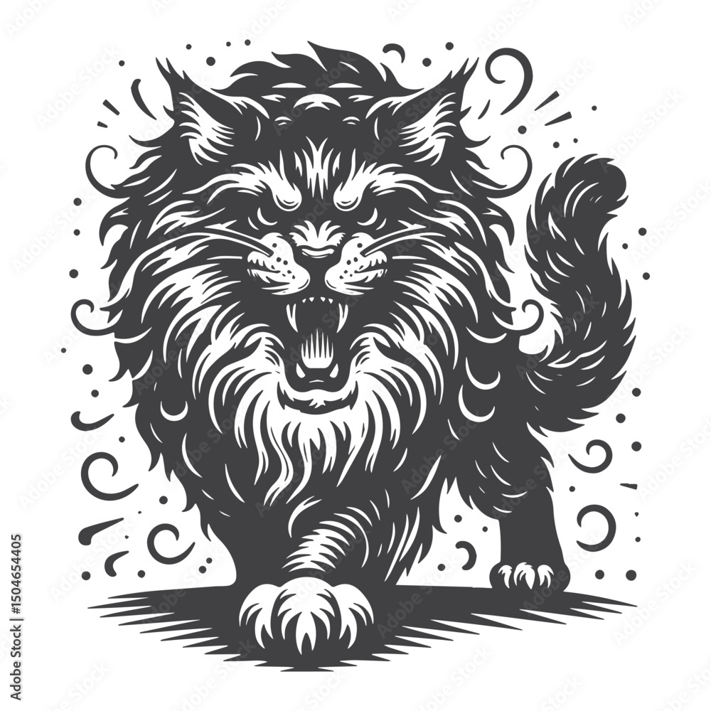 Obraz premium Vintage Hand-Drawn Maine Coon Roaring Illustration – Fierce Wildcat Engraved Style Vector for T-Shirts, Posters, Stickers, and Bold Animal-Themed Apparel