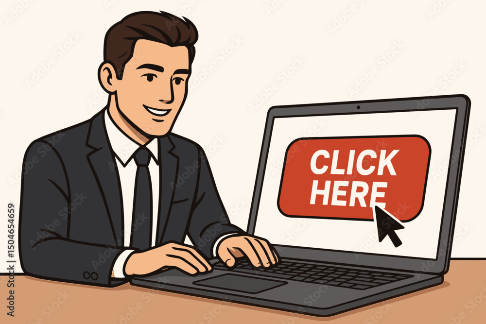 Businessman in suit using a laptop, screen shows a large red 'Click Here' button with cursor, concept for online marketing, website navigation, and call to action vector art. Businessman in suit using a laptop, screen shows a large red 'Click Here' button with cursor, concept for online marketing, website navigation, and call to action vector art.
