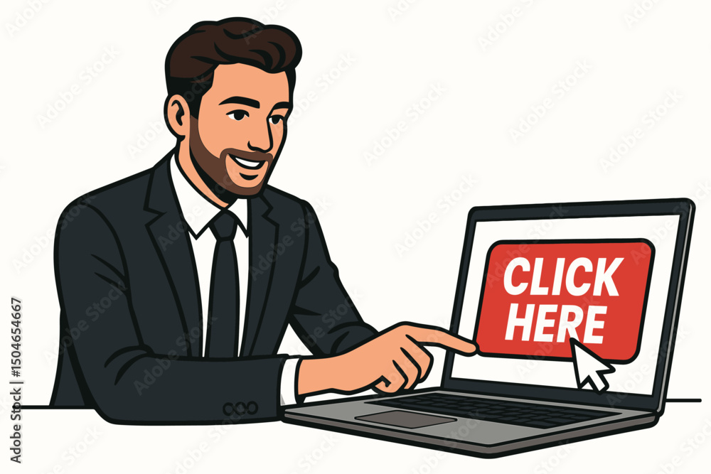 Happy business professional in suit with laptop, directing attention to a prominent red 'Click Here' button, symbolizing call to action, online sales, user engagement vector art. Happy business professional in suit with laptop, directing attention to a prominent red 'Click Here' button, symbolizing call to action, online sales, user engagement vector art.