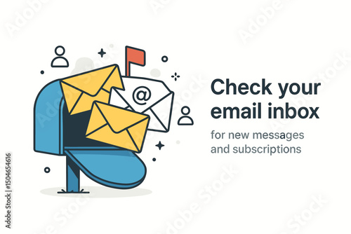 Check your email inbox concept vector illustration. Open blue mailbox overflowing with letters and digital mail symbol representing new messages, notifications, and subscriptions. Flat outline style.