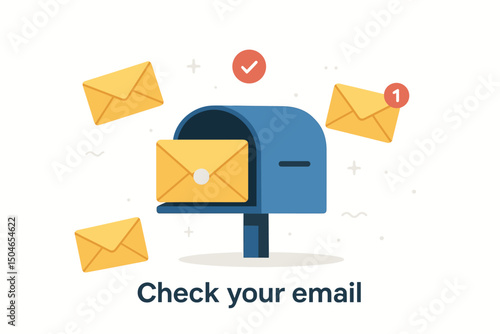 Check your email concept illustration featuring an open blue mailbox with incoming yellow letter envelopes, a new message notification icon, and a confirmation checkmark symbol. Vector.