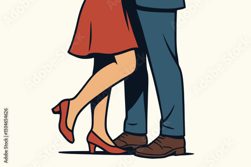 Close-up vector graphic of a couple's legs and feet in an intimate embrace, woman in red heels stands on tiptoes to reach man, retro style illustration of romance and love.