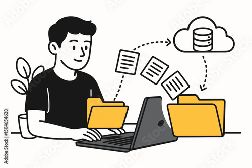Simple line art illustration of a person using a laptop for efficient digital file management, transferring documents to a cloud database for secure backup and online synchronization.