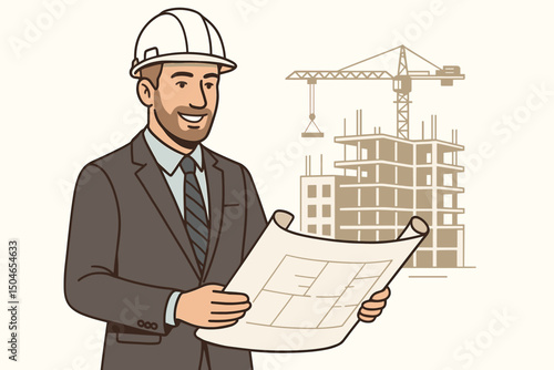 Vector illustration of a smiling architect or project manager in a hard hat and suit, studying blueprints with a construction site, building frame, and crane in the background.