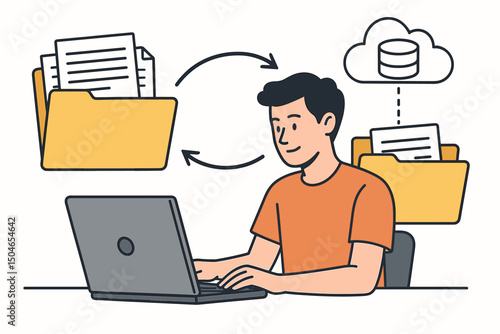 Efficient digital file management concept showing a man using a laptop to synchronize documents between local folders and secure cloud database storage. Modern vector line art illustration.