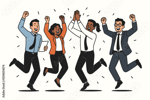 Joyful diverse business colleagues jumping and celebrating success together. Team achievement concept with high-five, positive emotions. Flat outline vector graphic for corporate use.
