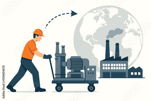 Global industrial equipment relocation concept vector illustration. Worker transports heavy machinery on a trolley to a factory location, with Earth map indicating international logistics.